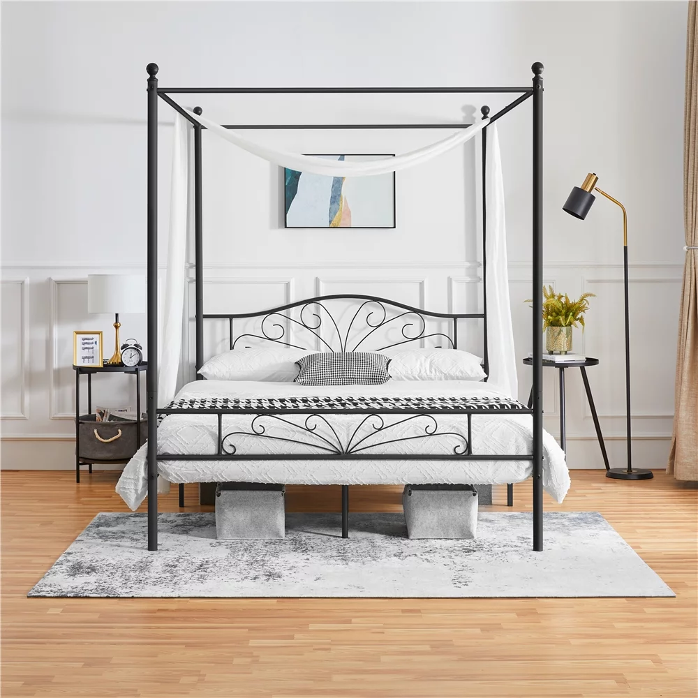 Topeakmart Four-poster Metal Canopy Platform Bed with Arched Headboard and Footboard, Queen Size, Black