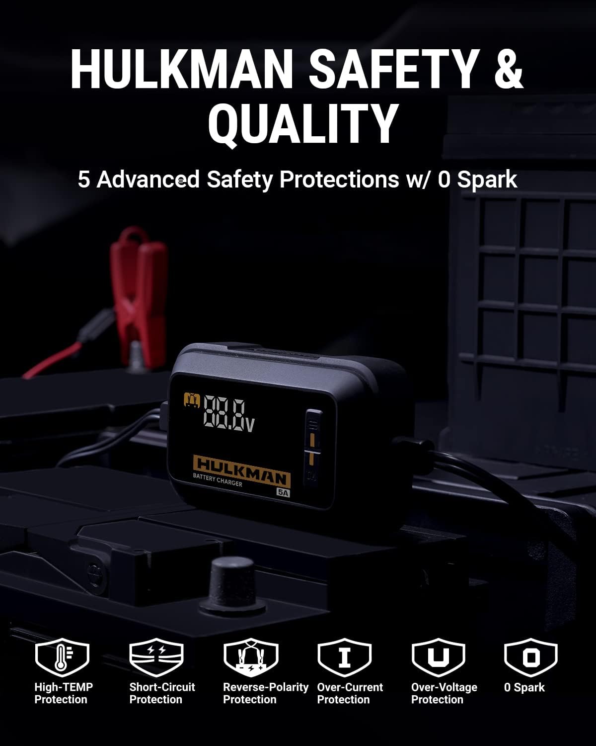 HULKMAN Sigma 5 Amp All-Around AI Car Battery Charger and Maintainer for 6V/12V Battery with LED Screen Trickle Charger and Desulfator for Lead-Acid