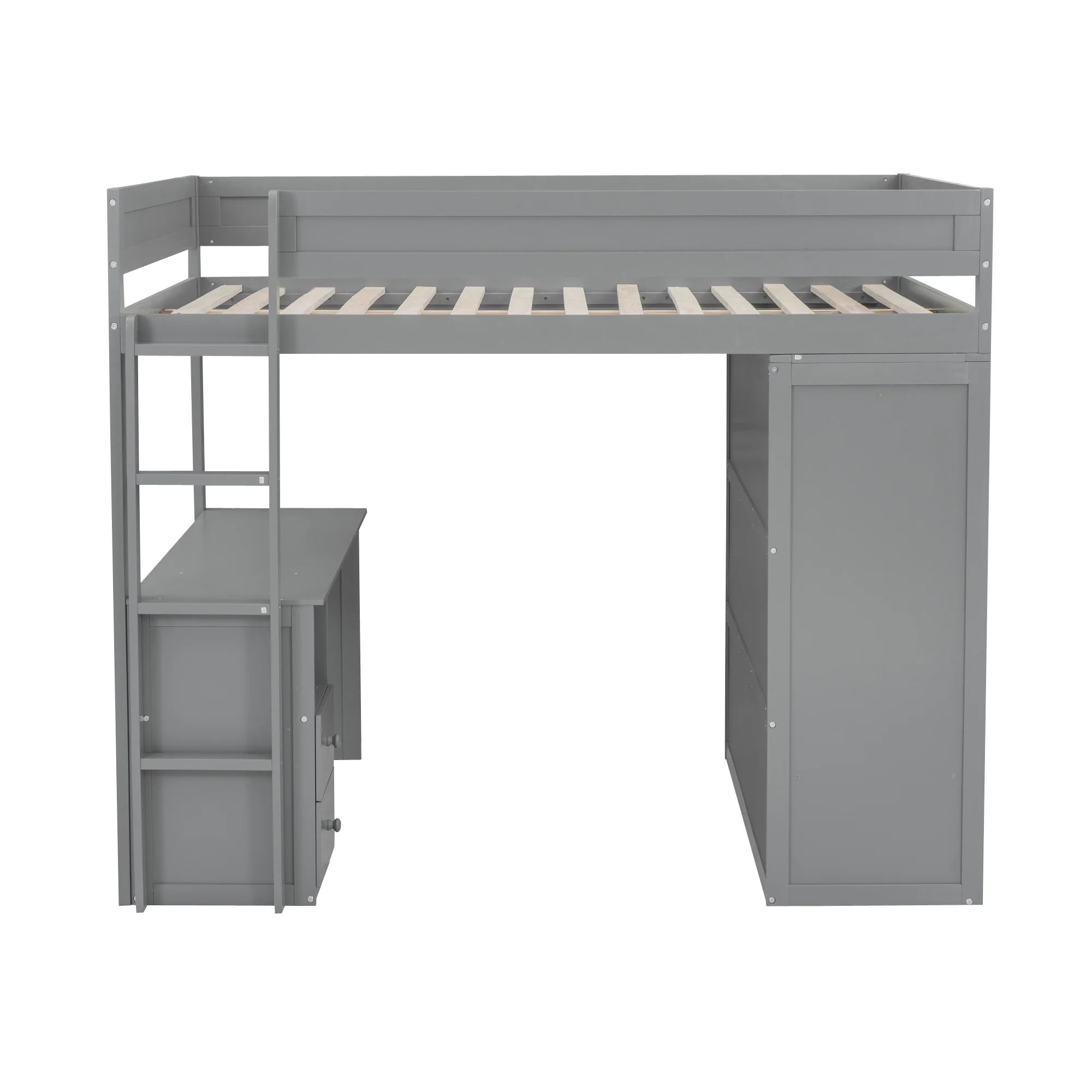 EUROCO Wood Full Size Loft Bed, Storage Desk and Drawers, Wardrobe with Clothes Hanger and Sliding Door for Living Room, Gray - Radiant Selections