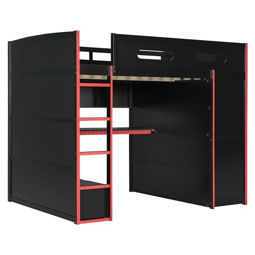 Modern Full Size Gaming Loft Bed with Built-in Desk and Storage Wardrobe, Wood Loft Bed Frame with Light Strip and 2 Drawers
