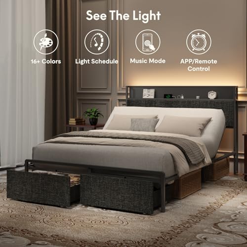 FLEXISPOT Queen Adjustable Bed + 12-inch Cooling Gel Memory Foam Mattress, Storage Headboard, Charging Station, Head Incline, LED Lighting