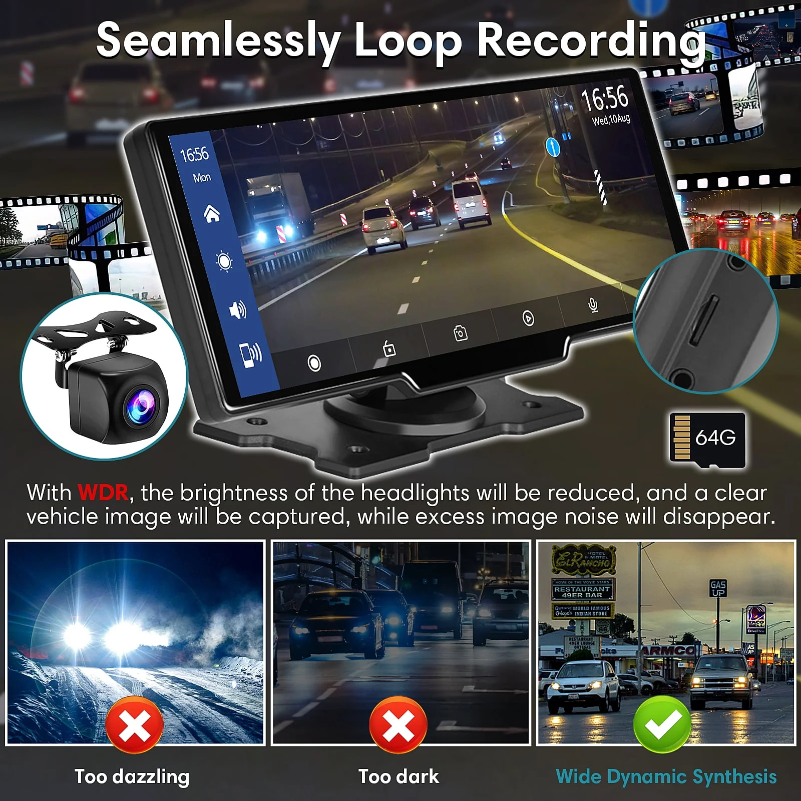 Wireless Carplay Screen for Car, 2.5K Dash Cam, 64G SD Card, Backup Camera, Bluetooth, GPS Navigation, Android Auto, 9.3 Portable Car Play Screen