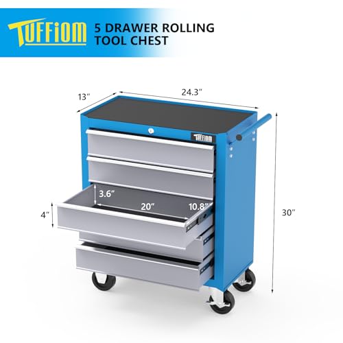 TUFFIOM 5-Drawer Rolling Tool Chest w/Drawers & Lock, Tool Storage Cabinet with Lockable Wheels, Top Cushion & Drawer Liners