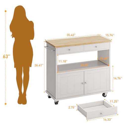 Rolling Kitchen Island with Storage Cabinet, 35.4'' Width Kitchen Cart, 2 Drawers Island Table, Portable Mobile Kitchen Island with Towel Rack