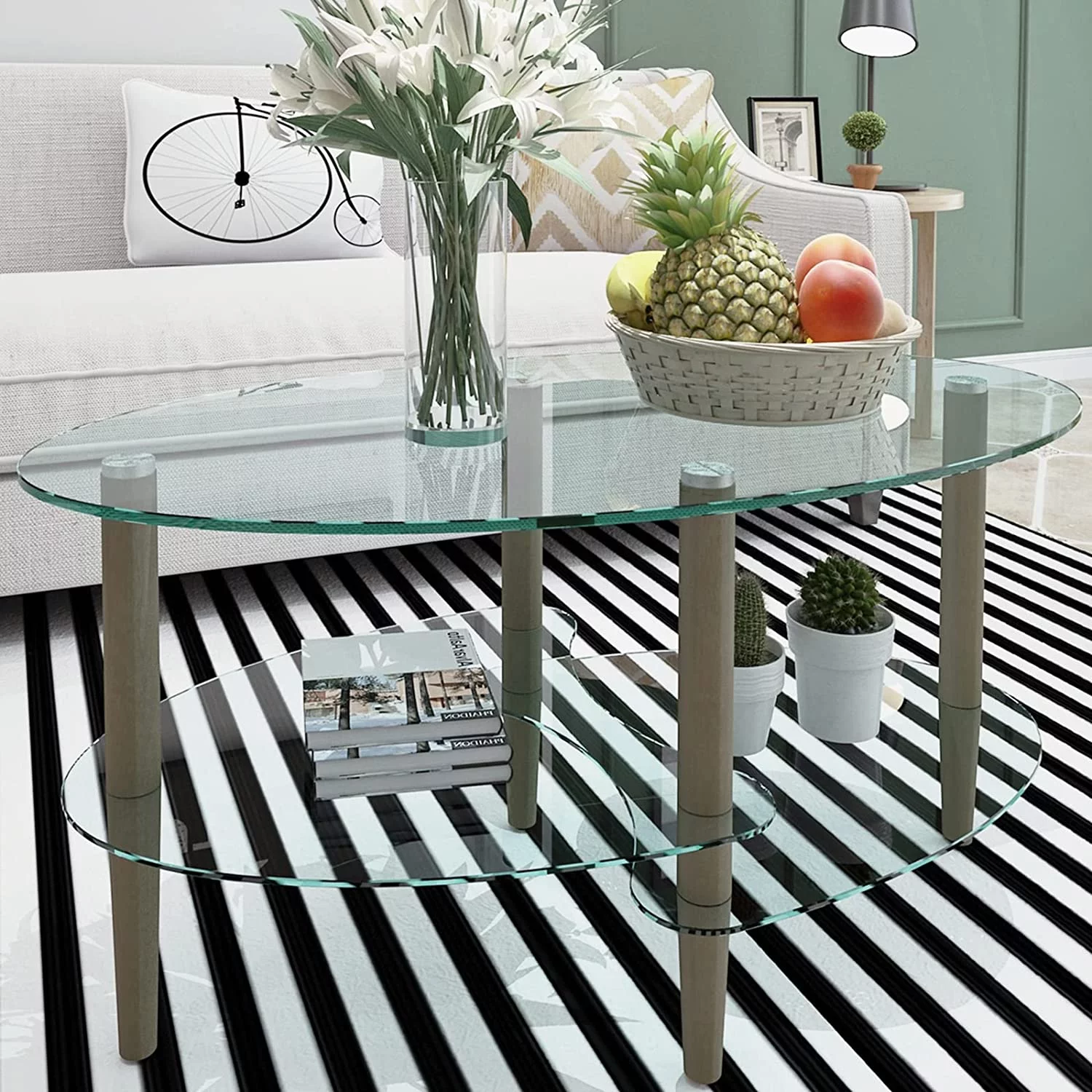 Glass Coffee Table  Oval Glass Coffee Table  Transparent Glass Coffee Table  Oak Wood Leg Tea Table  3-Layer Glass Table  Living Room   Suitable for
