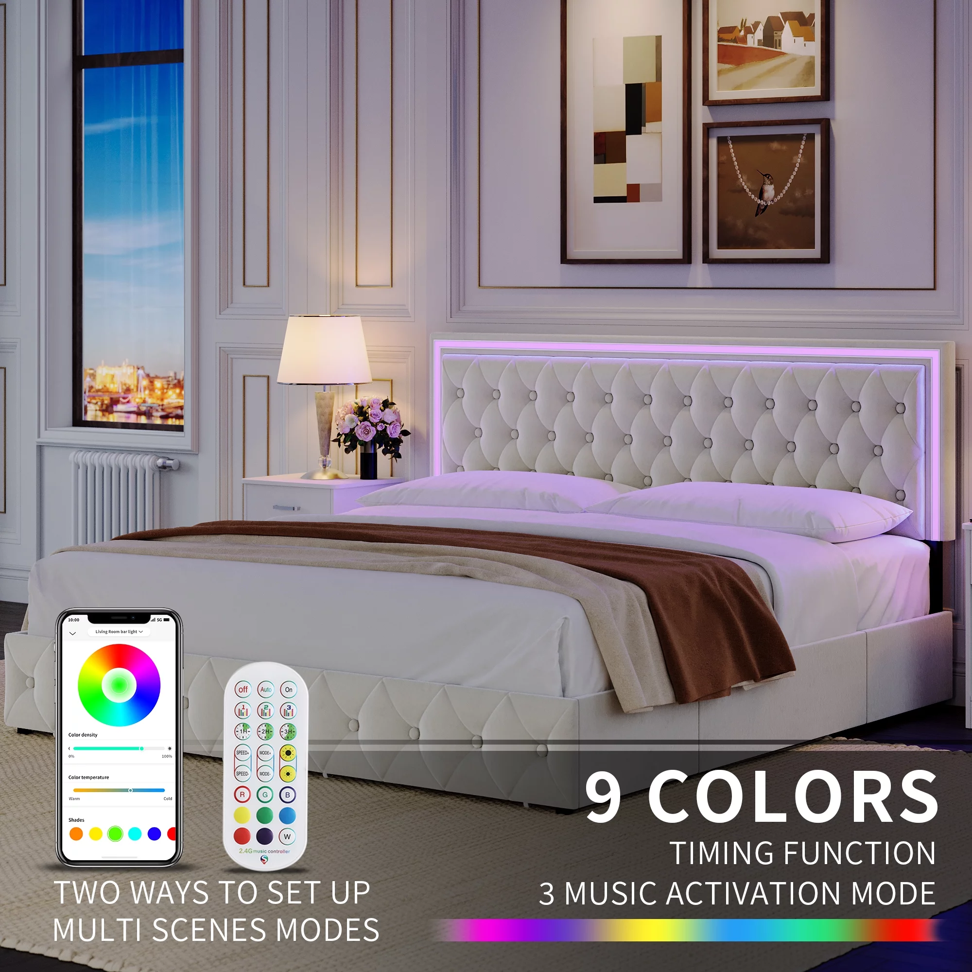 Homfa King LED Bed, 9 Colors LED Lights Platform Bed Frame with 4 Storage Drawers, Adjustable Upholstered Headboard with Button Tufted, Velvet Beige