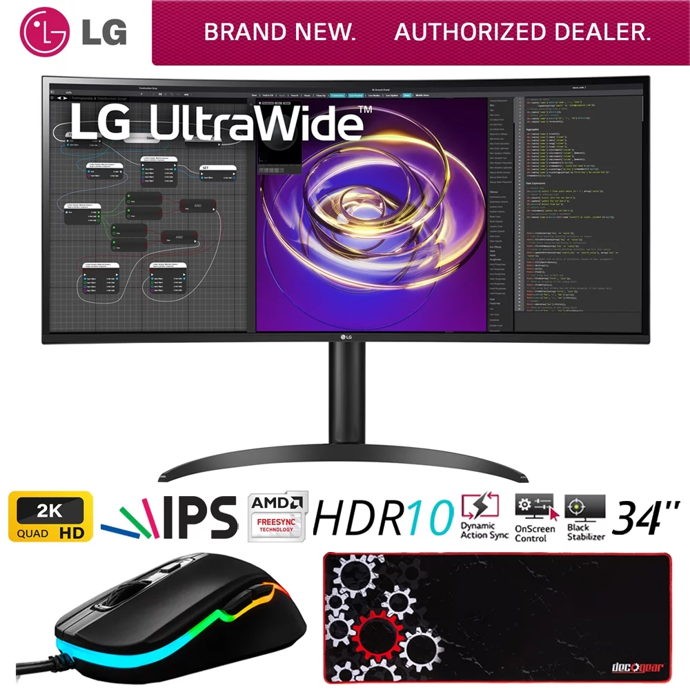 LG 34WP85C-B 34" Curved 21:9 UltraWide QHD (3440x1440) IPS Display PC Monitor Bundle with Deco Gear Wired Gaming Mouse and Deco Gear Large Extended