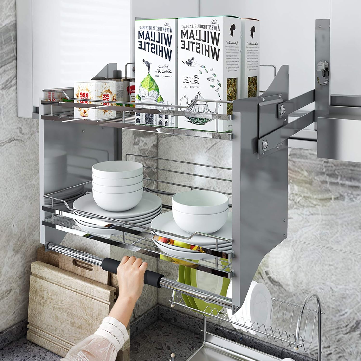 WHIFEA Pull-Down Dish Rack System Spice Rack Kitchen Shelf 2 Tier Upper Cabinet Pull-Out Organizer (For Cabinet Width ≥34 1/4'')