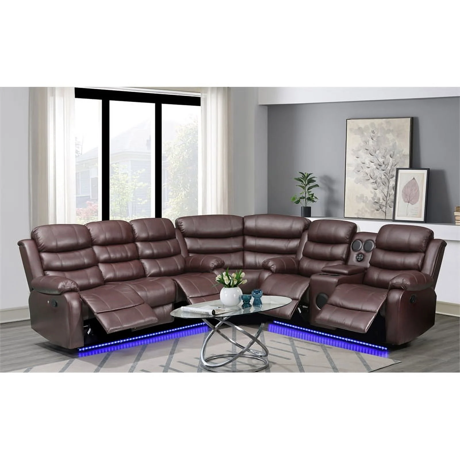 Donivi LED Faux Leather Reclining Sectional in Brown