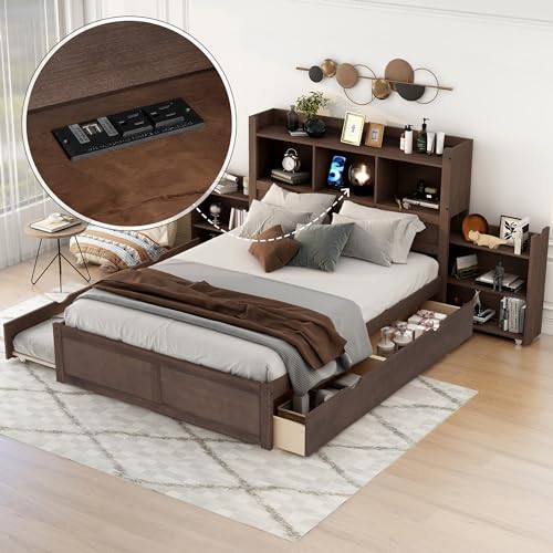 Full Size Storage Bed with Bookcase Headboard and Trundle, Wood Platform Bed Frame with Charging Station