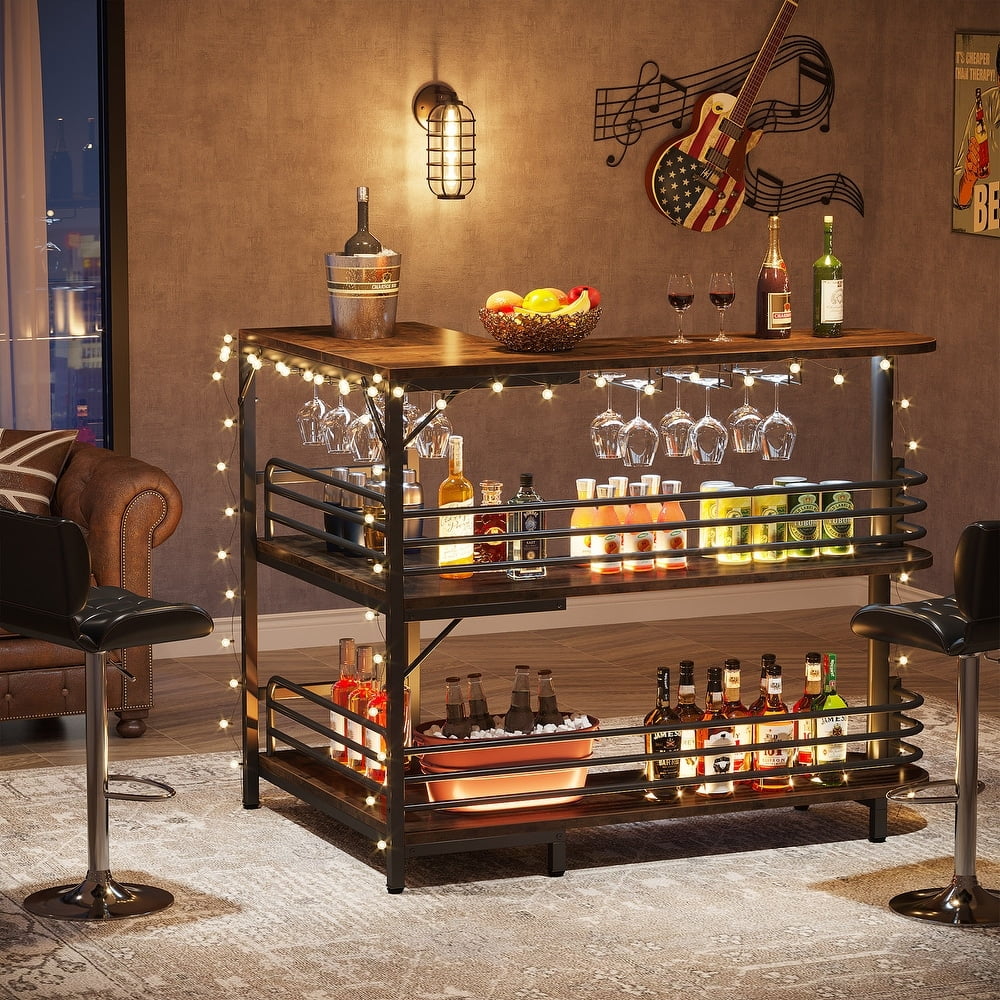 Tribesigns L-Shaped Home Bar Unit, 3 Tier Liquor Bar Table with Storage Shelves and Wine Glasses Holder, Rustic Brown