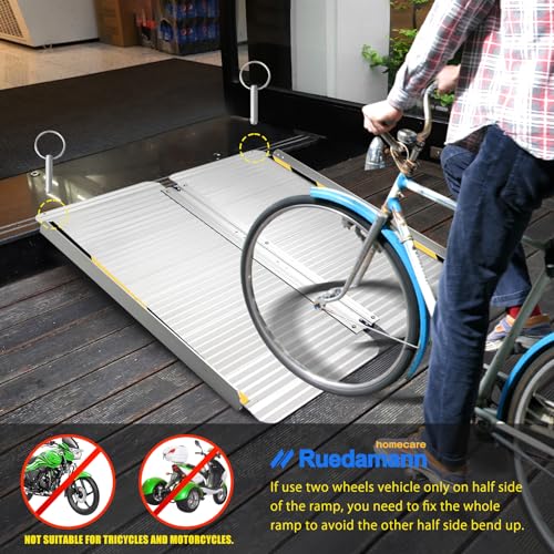 Ruedamann Aluminum Folding Threshold Ramp, 600 Pound Capacity, Anti-Skid Pad, Webbing Handle, Anti-Collision Mute Pad for Wheelchairs, Steps, Stairs