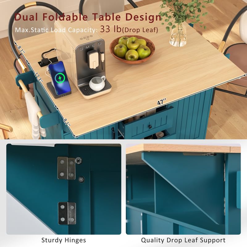 55.7'' Large Kitchen Island with 2 Drop Leaf, Rolling Kitchen Cart on 5 Wheels with Power Outlet