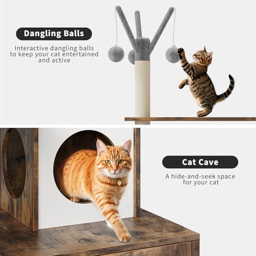57.5-Inch Cat Tree with Litter Box Enclosure 2-in-1 Modern Cat Tower with Cat Condo/Hammock/Scratching Post/Plush Perch/Removable Pompom Sticks/Caves