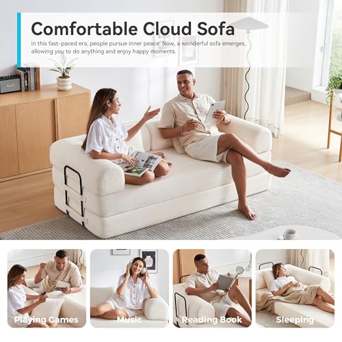 Convertible Sleeper Sofa Bed with Cylindrical Pillow, Comfy Foldable Sofa Bed Compressed Sofa in Box