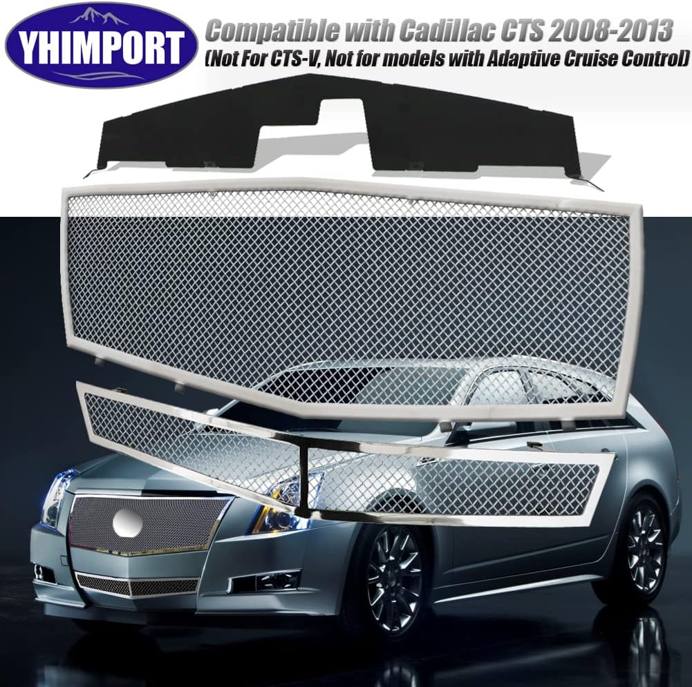 Compatible with 2008-2013 Cadillac CTS Stainless Steel Mesh Grille Grill Insert Combo (Not For CTS-V or model with Adaptive Cruise Control) (chrome