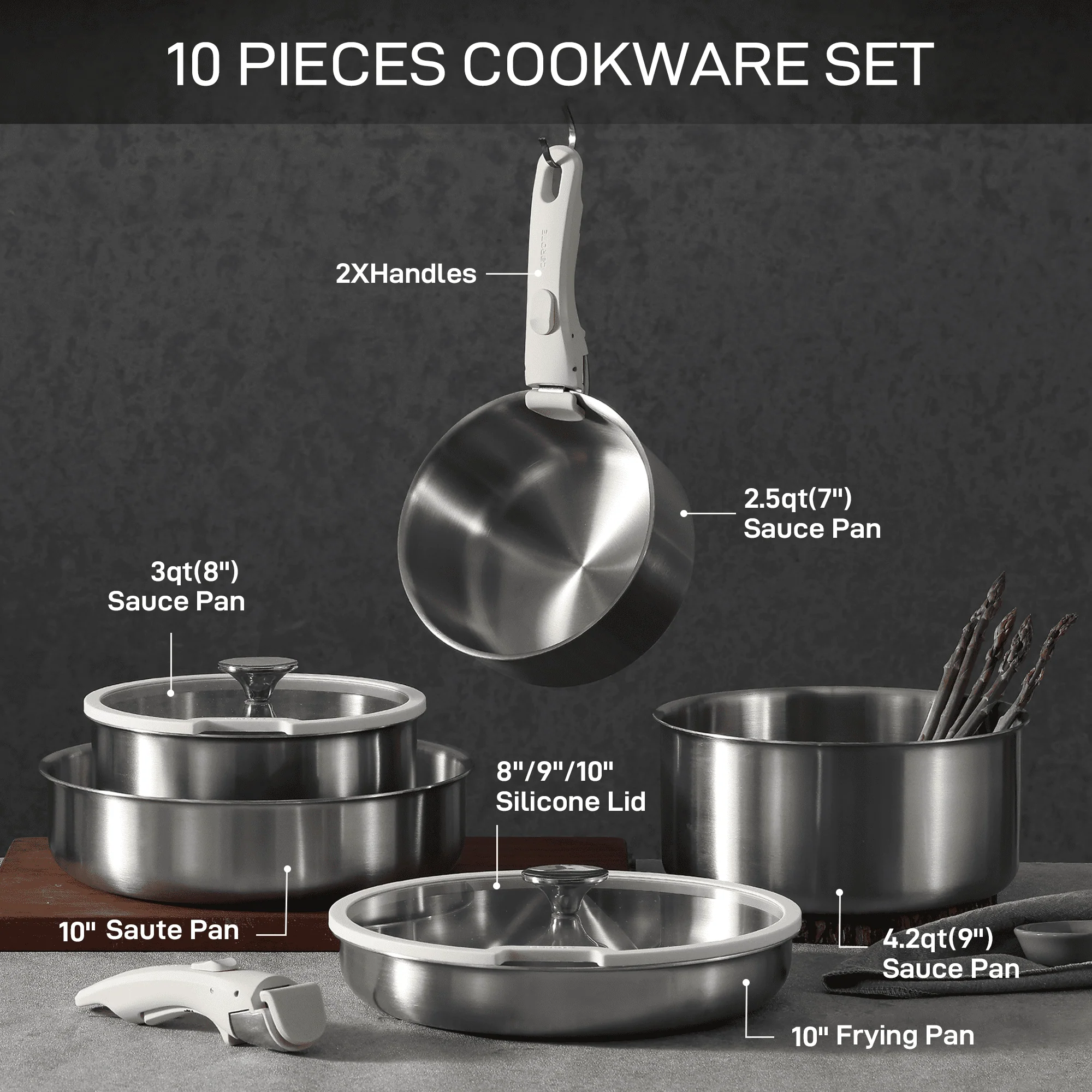 Carote Nonstick Cookware Sets, 5 Pcs Granite Non Stick Pots and Pans Set with Removable Handle