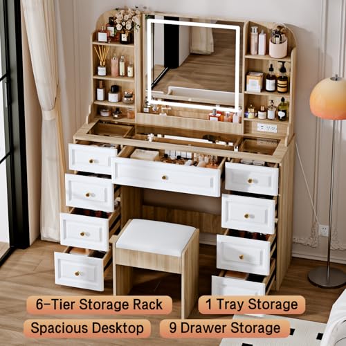 43" Makeup Vanity Desk with Mirror and Lights, & Power Outl, Glass Top Big Vanity Table with 9 Drawers& 8 Storage Shelves