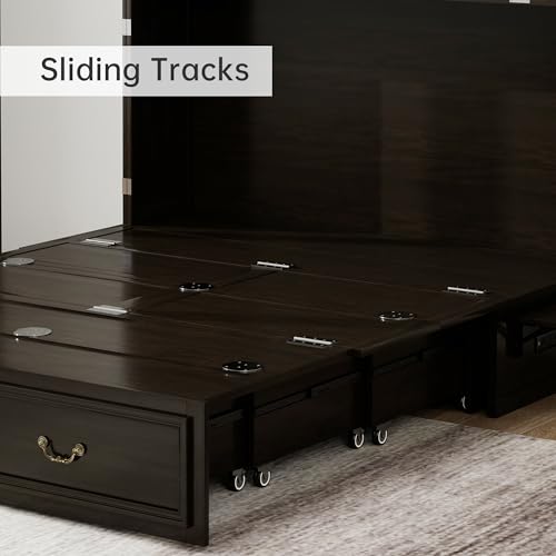 Murphy Bed Cabinet Full, Solid Wood Murphy Bed with 2 USB & 2 Charging Ports, Large Storage Drawer for Home Office or Small Space