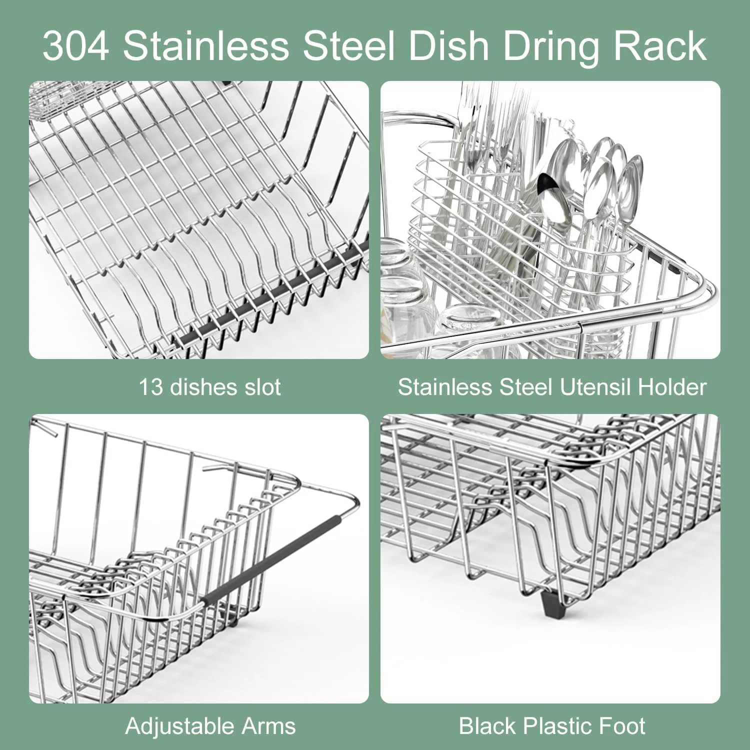 Dish Drying Rack in-Sink, 304 Stainless Steel Dish Drainer with Stainless Steel Silverware Holder Over Inside Sink-Adjustable