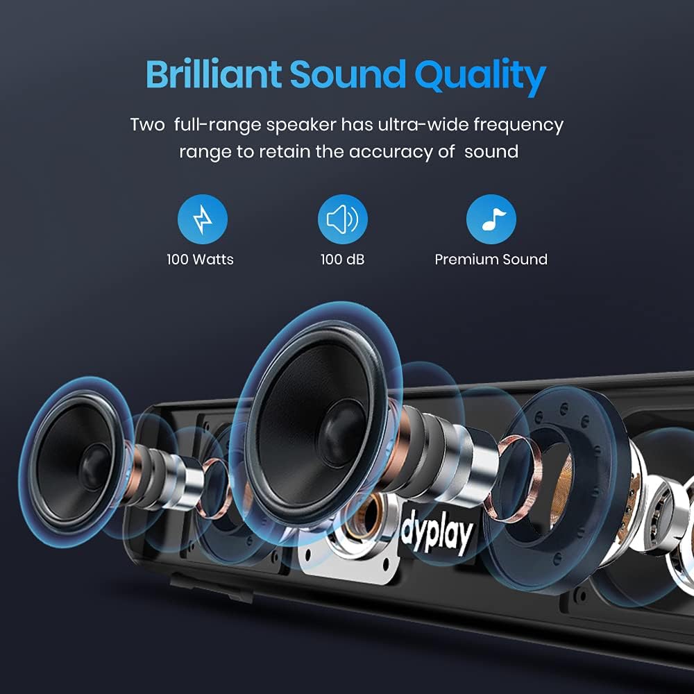 dyplay Soundbar, 20-inch 100W Sound Bar for TV, 2.0 Channel, 3 Equalizer Mode Audio Bluetooth 5.0, HDMI/Optical/AUX/TF/USB Connection