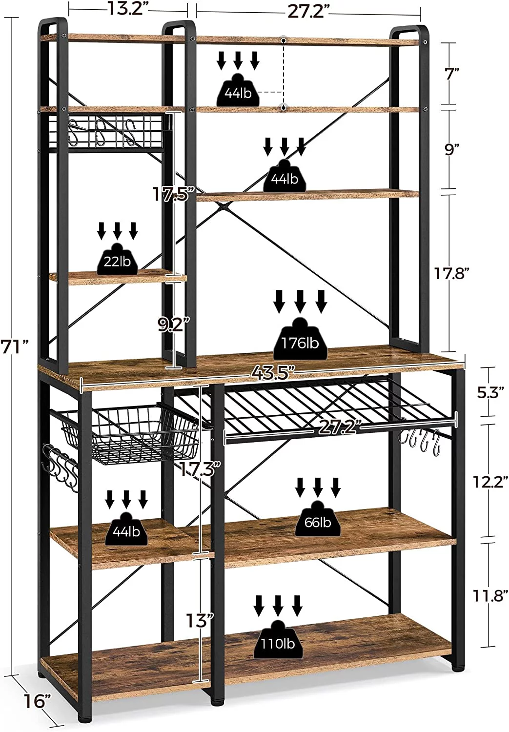 Kitchen Bakers Rack, Wooden Microwave Stand Kitchen Storage Shelf with Wine Rack and Wire Basket and 12 Hooks