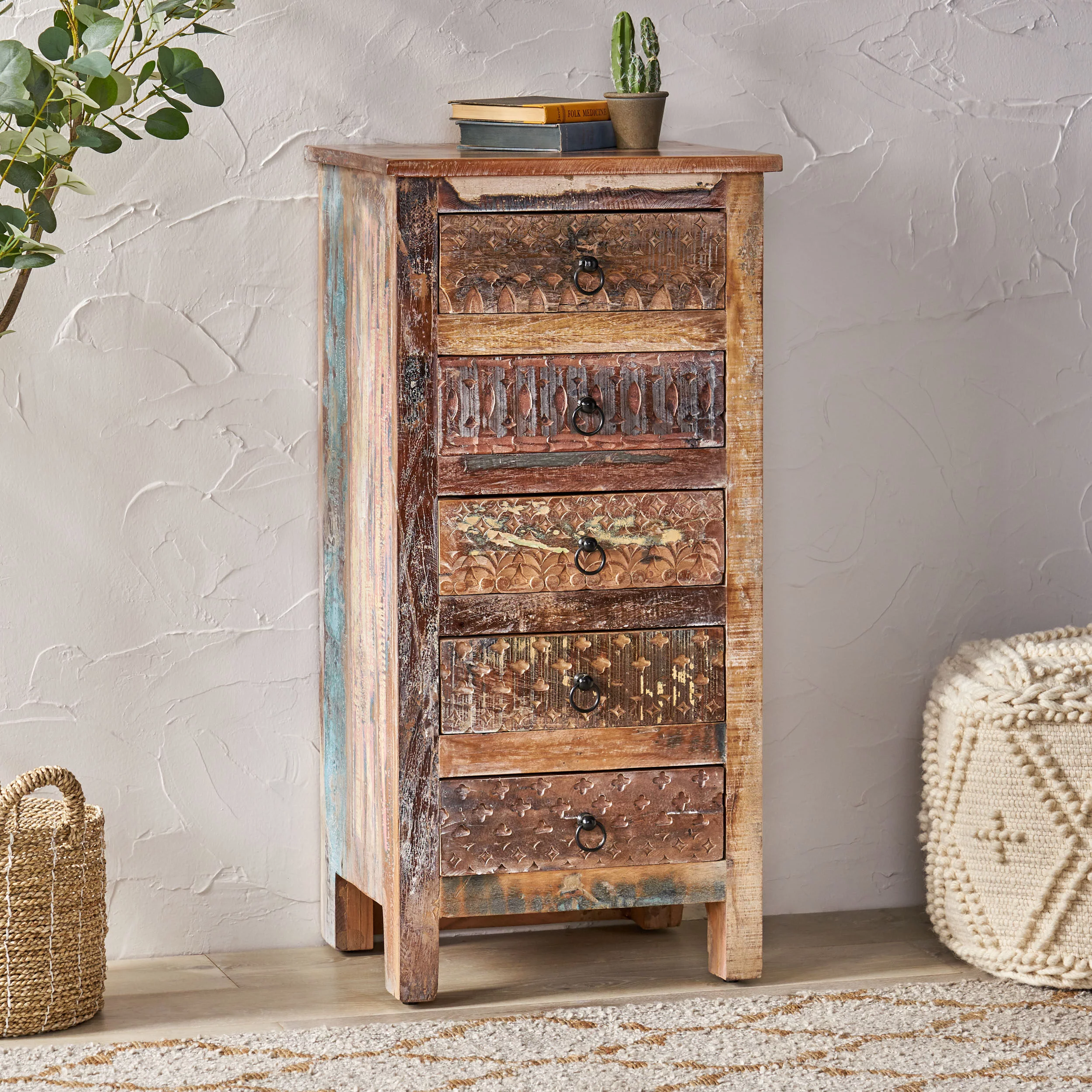 GDF Studio Willards Boho Handmade Wood 5 Drawer Chest, Multicolored and Natural