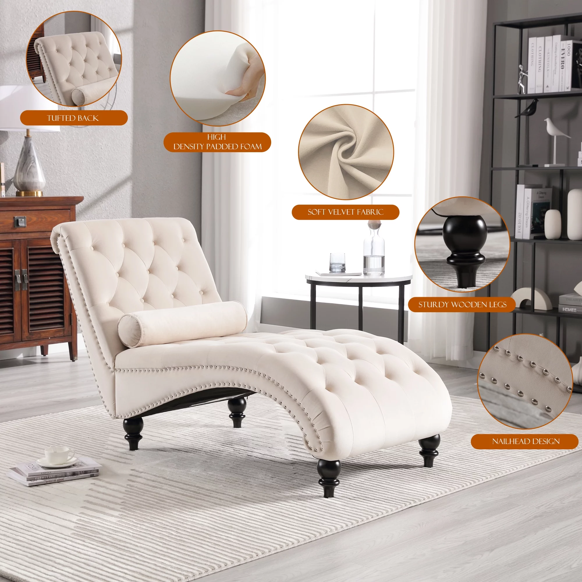 KINFFICT Velvet Chaise Lounge Indoor, Tufted lounge chair with Wood Legs, Leisure Accent Chair Upholstered Lounge Couch for Bedrooom Living Room