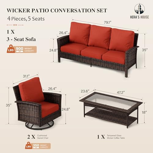 HERA'S HOUSE High Back Patio Furniture Set with Swivel Chairs, Outdoor Wicker Conversation Sets with 5.5" Comfy Cushions, 4 Piece Outside Sofa Sets