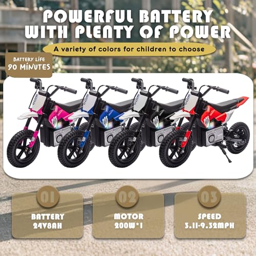 24V 8AH Electric Dirt Bike, Kids Ride On Motorcycle with 200W High Speed Hub Motor, 90 Min Usage, Powered Off-Road Bike withShock Absorber