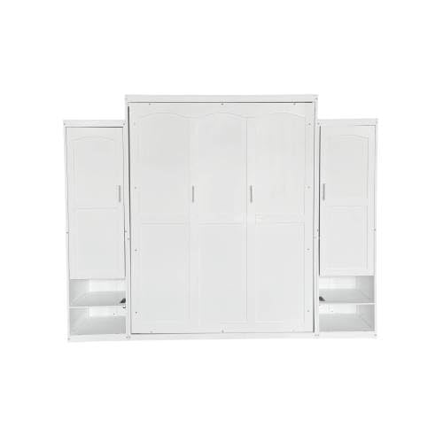 Queen Size Murphy Bed with Desk & Charging Station,Wall Bed Frame Folding into Cabinet Design w/LED & Storage Shelf for Small Space,Bedroom