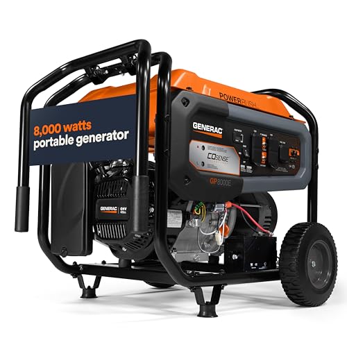 Generac 8,000-Watt Gas-Powered Portable Generator - Electric Start with COsense - PowerRush Advanced Technology - Reliable Power for Emergencies