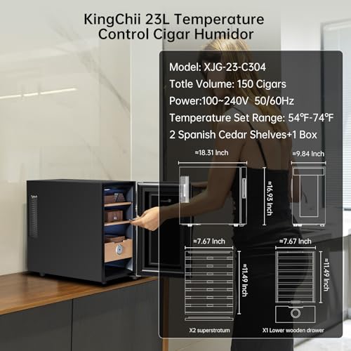 KingChii 16L Electric Cigar Humidors Temperature Control System, Cooling & Heating Humidor Cabinet with Spanish Cedar Wood Shelves & Hygrometer