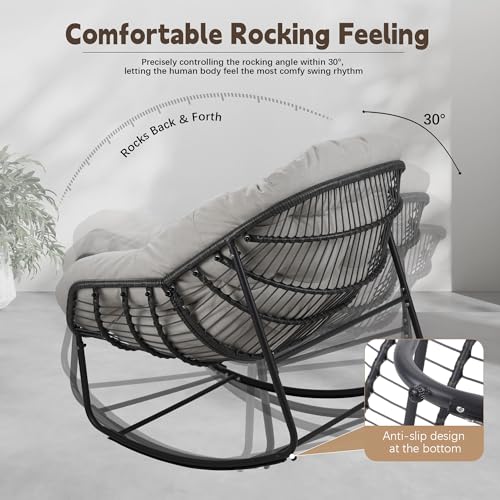 Outdoor Indoor Rocking Chair, Patio Wicker Egg Chair, Indoor & Outdoor Comfy Oversized Papasan Chair with Padded Cushion