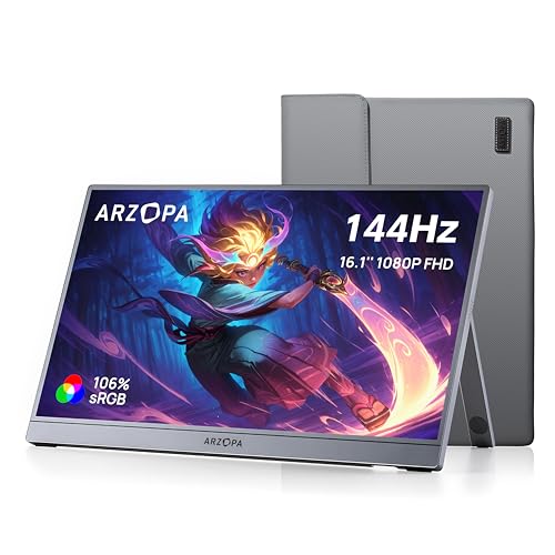 ARZOPA 16.1'' 144Hz Portable Gaming Monitor, 106% sRGB 1080P FHD Kickstand Portable Monitor with HDR, Ultra Slim, Eye Care