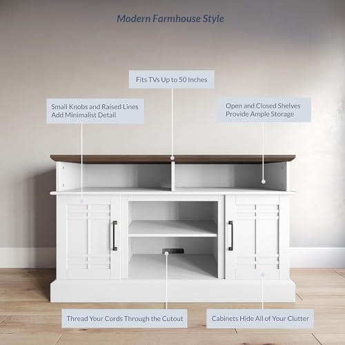 BELLEZE Modern 48" Farmhouse Wood TV Stand & Media Entertainment Center Console Table for TVs up to 50 Inch with Open Storage Shelves & Cabinets