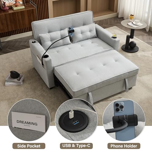 Convertible Loveseat Sleeper Bed, 3-in-1 Chaise Lounge Chair with Pillow and USB Charging, Reading Chair for Adults with Cup Holder, Side Pocket