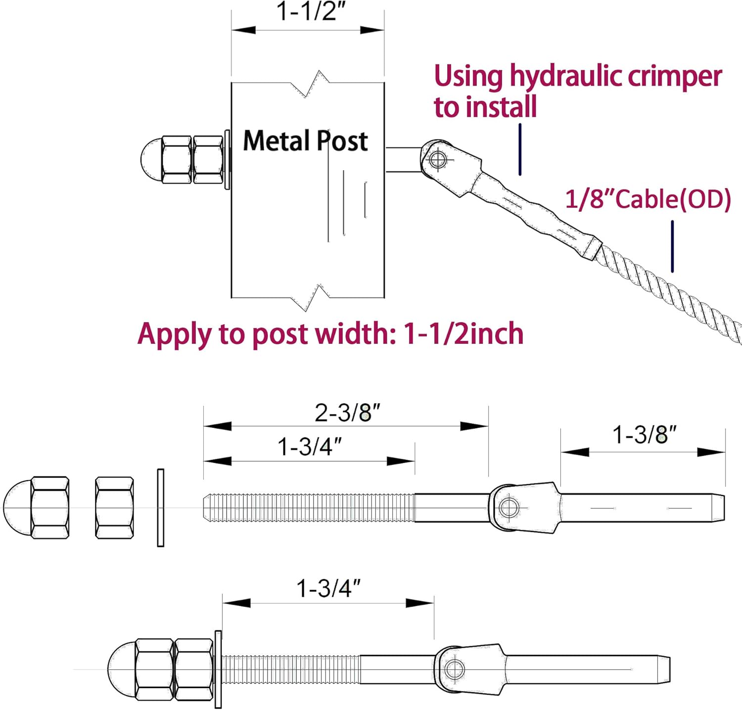 Deck Man 1/8 Inch T316 Stainless Steel Adjustable Cable Railing Kit/Hardware for 1.5 Inch Metal Post，Marine Grade (20 Pack)