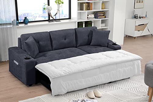 Sectional Sofa Sleeper with Pull Out Bed and Reversible Chaise Lounge, Modern L-Shaped 3-Seat Couch SofaBed with Cupholders