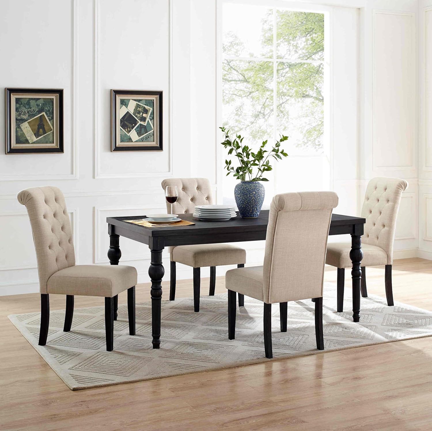 5-Piece Solid Wood Dining Table Set with 4 Upholstered Chairs Traditional Style Kitchen Furniture with Eye-Catching Turned Legs and Rich Wood Grain