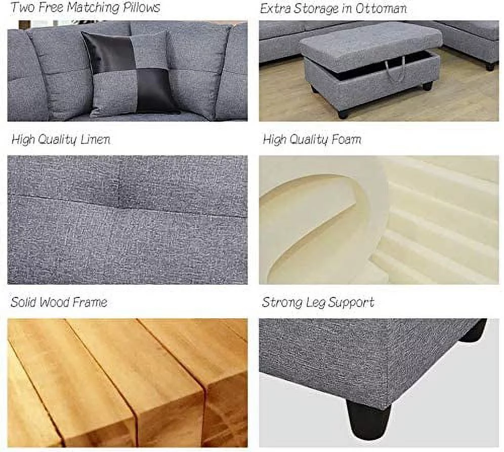 PonLiving 3-PCPiece Sectional Sofa Couch Set, L-Shaped Modern Sofa with Chaise Storage Ottoman and Pillows for Living Room Furniture