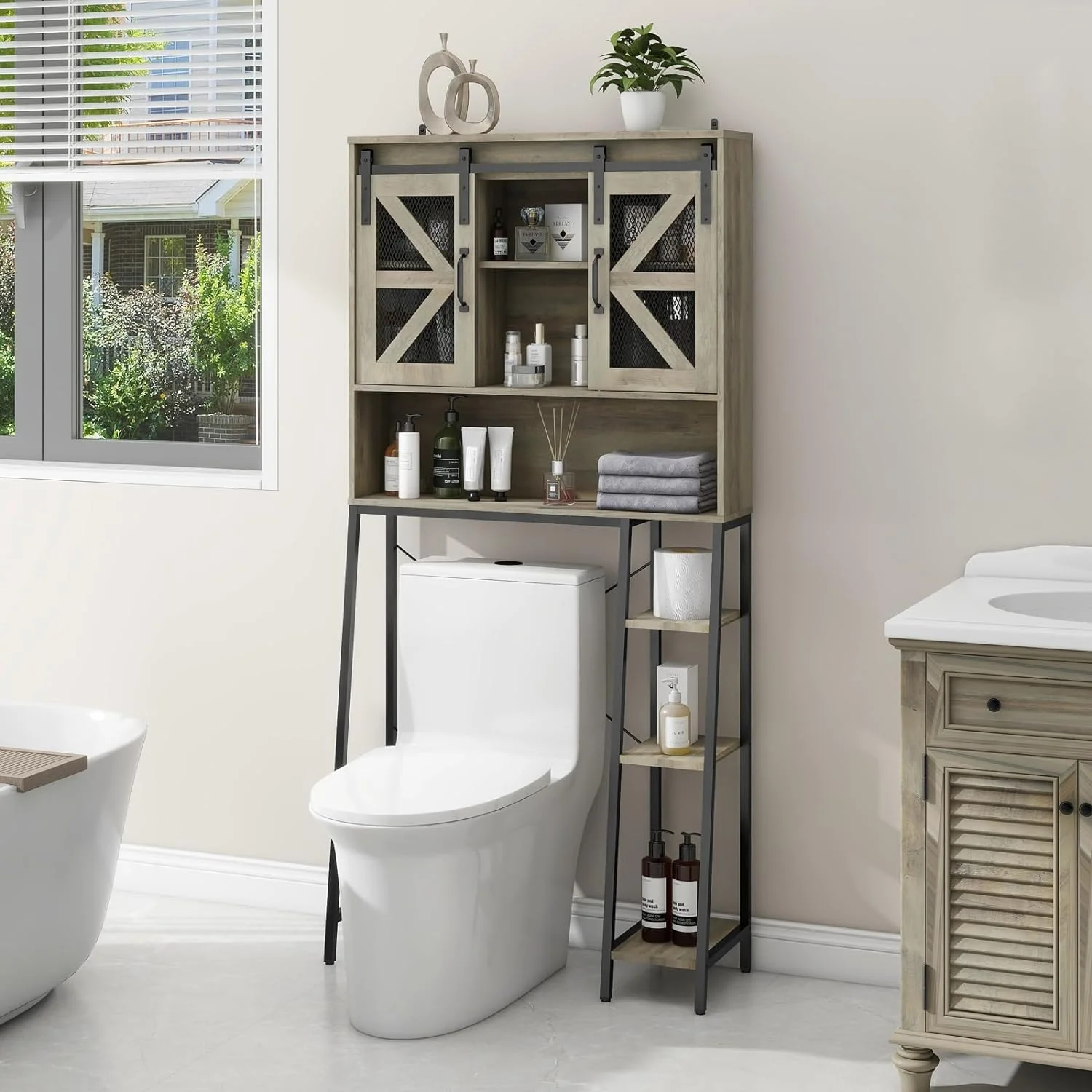 Over The Toilet Storage Cabinet, Farmhouse Storage Cabinet Over Toilet with Sliding Barn Door，Home Space-Saving Toilet Rack, for Bathroom, Restroom