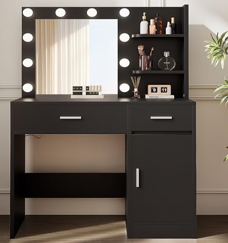Vanity Desk with Mirror and Lights, Makeup Vanity with Drawer & Storage Shelves, Cabinet, 3 Lighting Modes Adjustable Brightness