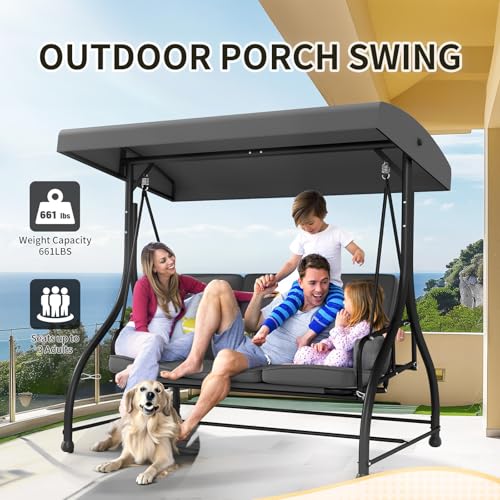3-Seat Outdoor Porch Swing Glider with Adjustable Canopy, Patio Swings Bed with Removable Cushion for Porch, Backyard, Garden, Poolside, Balcony
