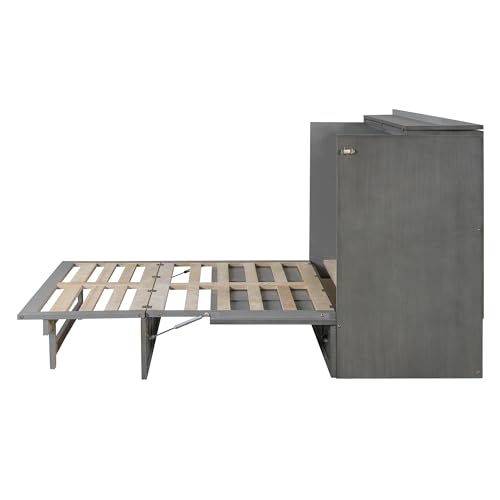 Harper & Bright Designs Full Size Murphy Bed Wall Bed, Solid Pine Murphy Bed Chest Cube Cabinet Bed with USB