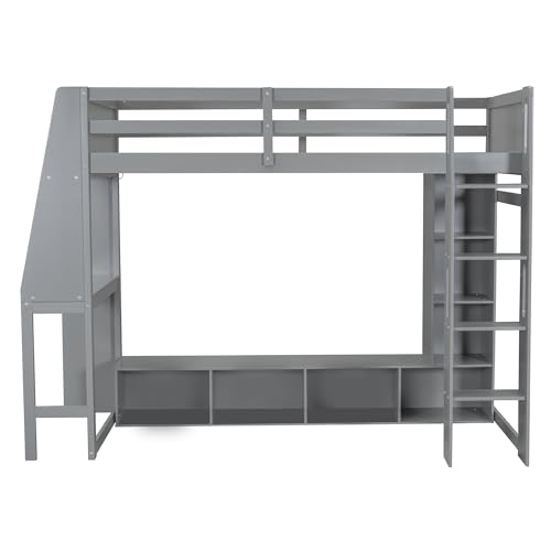 SOFTSEA Full Size Loft Bed with Desk and Storage, Solid Wood Loft Bed with Open Wardrobe and Multi-Storage Shelves