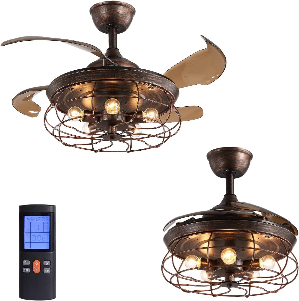 SILJOY 48 Inches Industrial Ceiling Fan with Lights, Vintage Cage Ceiling Fan with Remote Control, 6 Fan Speed