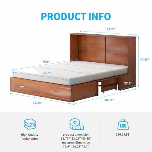 Mjkone Queen Size Cabinet Murphy Bed with Tri-Fold Mattress, Modern Multipurpose Wall Cabinet Chest Bed