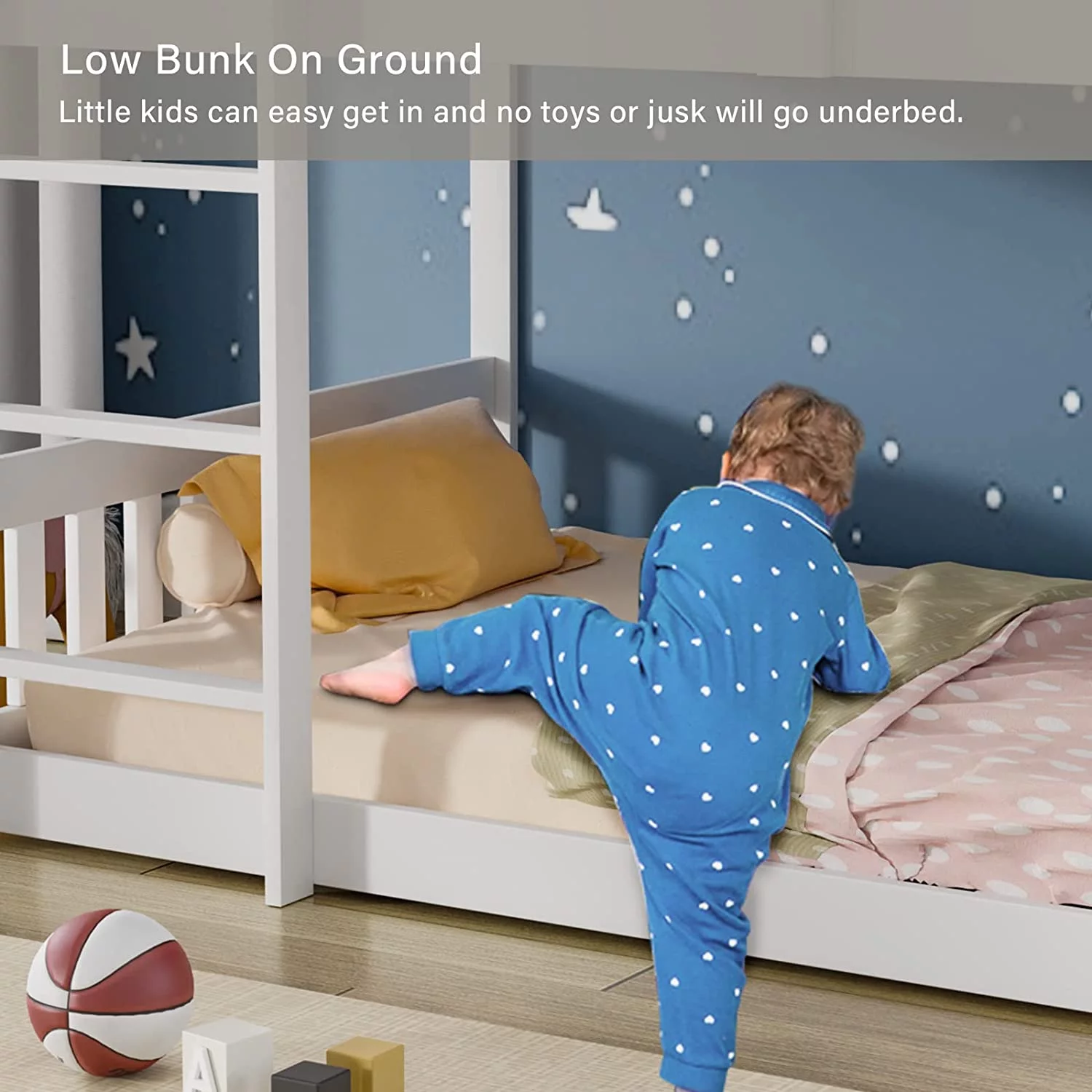 JOYMOR Wood Low Twin Over Twin Bunk Bed for Kids/Toddlers/Junior, Bunk Bed Frame with Guardrails & Ladder for Boys Girls, No Box Spring Needed, White