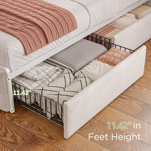 EnHomee King Size Bed Frame with 4 Storage Drawers King Bed Frame with Headboard Built in Charging Station and LED Lights, No Noise